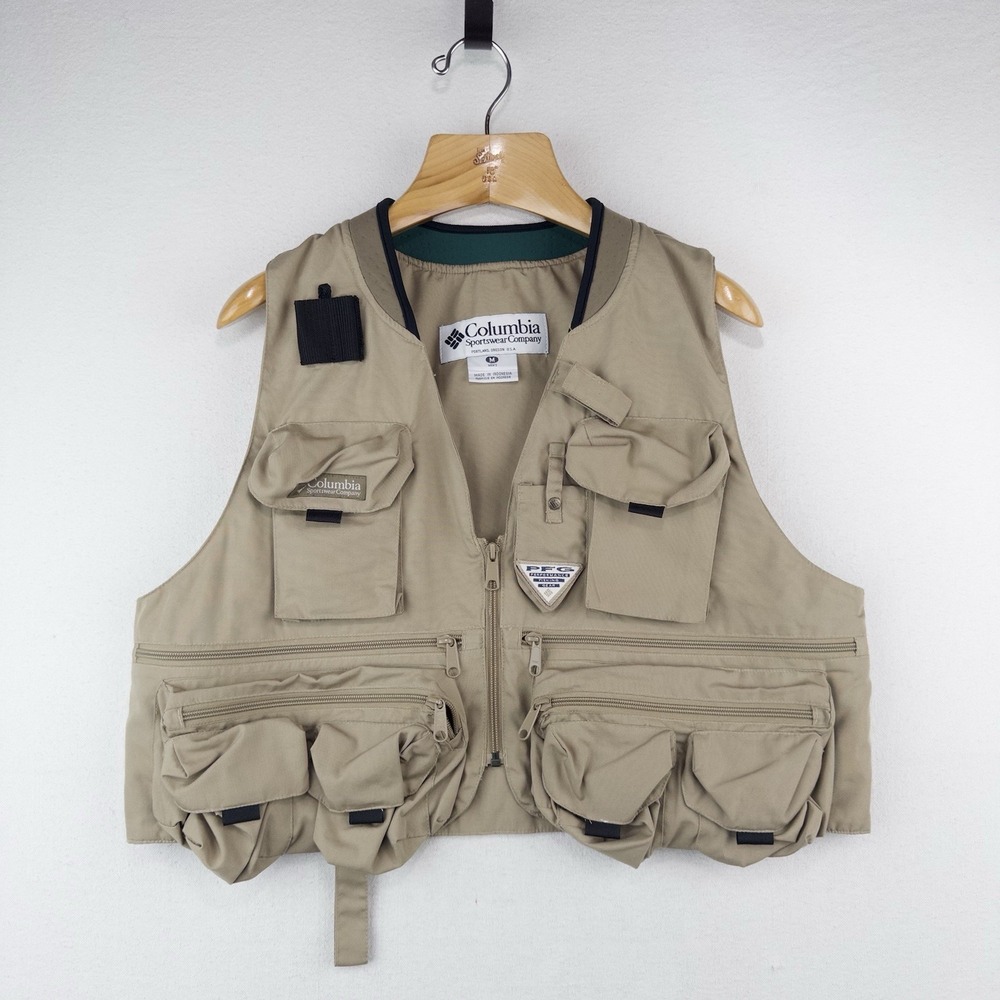 90's Vtg Columbia PFG Khaki Fly Fishing Utility Vest Men's M Cushioned Collar